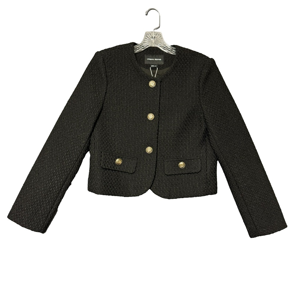 Urban Revivo Black Tweed Cropped Jacket Womens L Old Money Office Siren Elegant